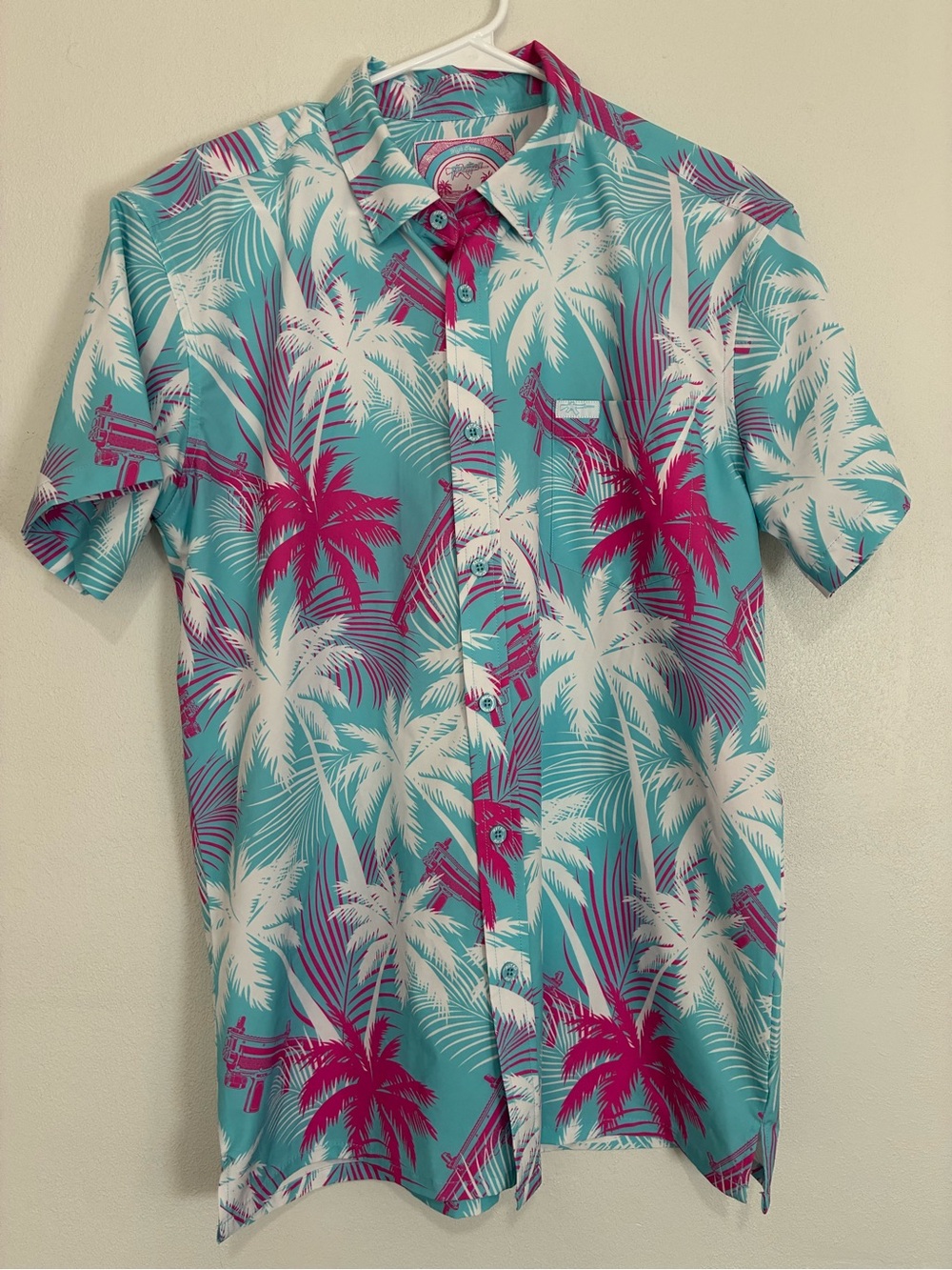 Retro Rifle “High Crown” Men's Aqua & Pink Tropical Palm Short-Sleeve Shirt